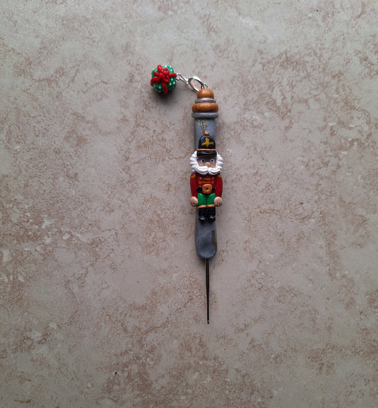 Polymer clay silver gold marbled nutcracker holiday Christmas crochet hook with stitch marker