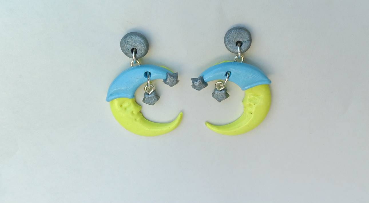 Kawaii sleepy moon earrings / polymer clay moon star earrings / kawaii space jewelry / clay sleepy moon and stars