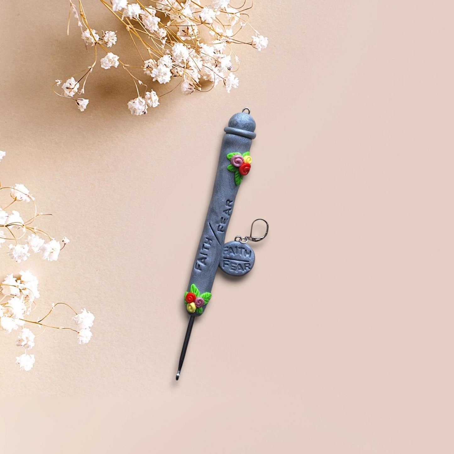 Polymer clay faith over fear inspirational crochet hook