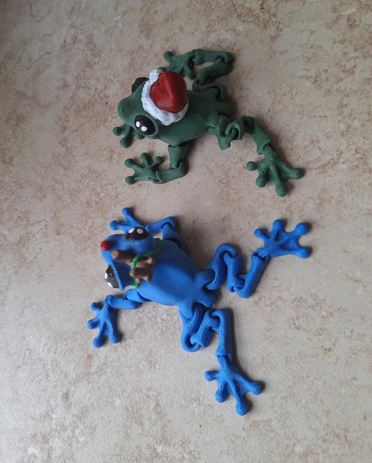 3D articulated blue green festive frogs / 3d printed holiday christmas animals / reindeer santa frog knick knack Fidget figurines