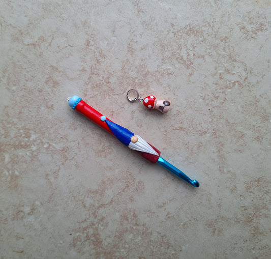 Polymer clay mushroom garden gnome crochet hook