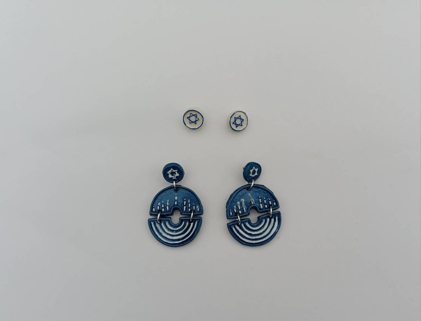 Kawaii blue silver white menorah earrings / clay menorah dangle earrings / clay Hanukkah earrings / clay star of David jewelry