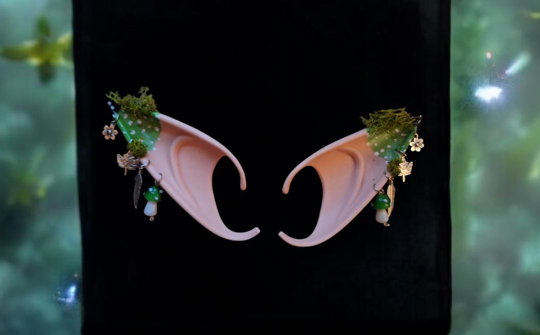 Green mushroom toadstool rubber fairy pixie elf ears / halloween costume accessory cosplay elf ears / painted elf ears with earrings