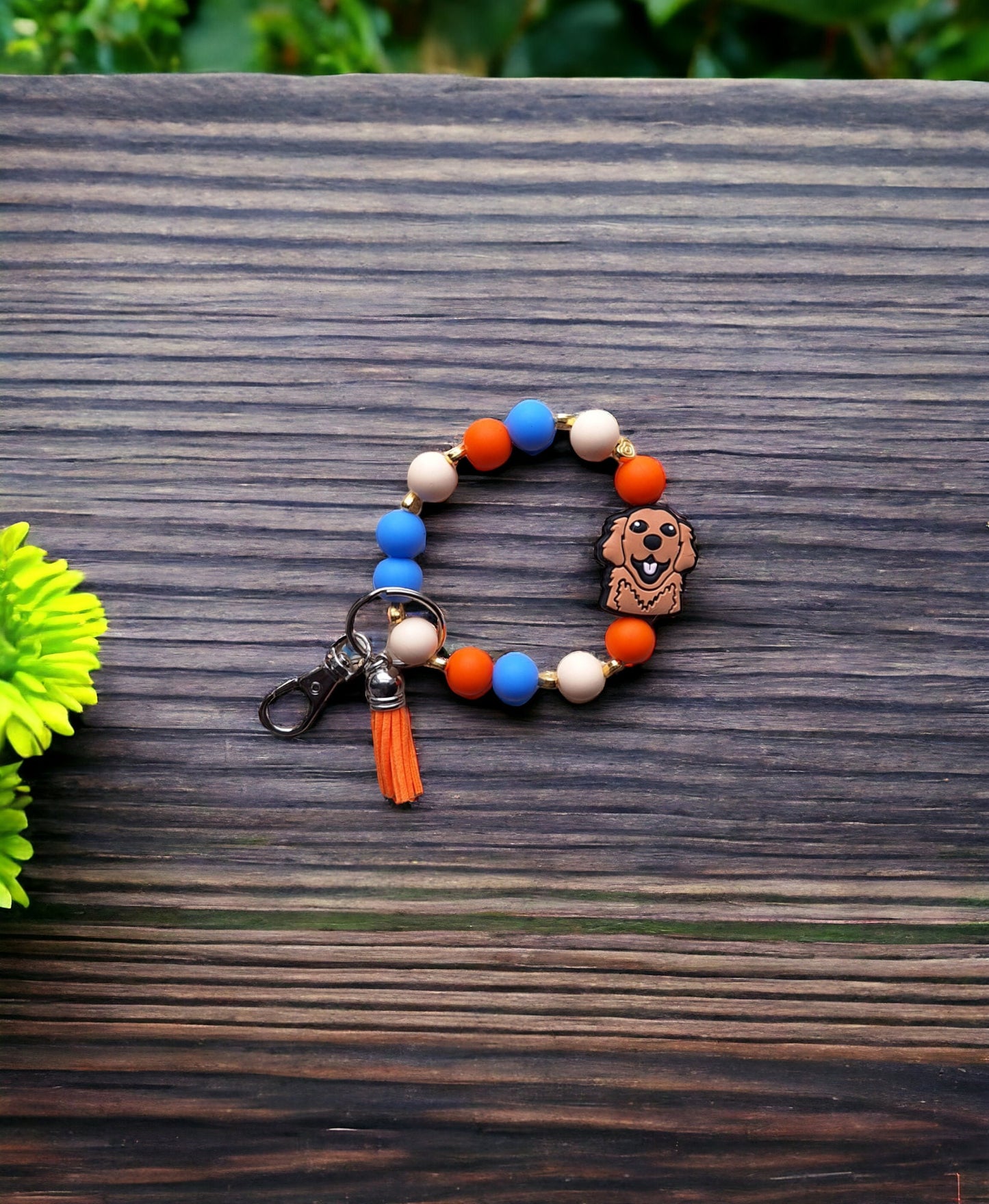 Silicone beaded wristlet keychain / tan brown puppy dog silicone beaded wristlet keychain / golden retriever bag accessory key chain gift