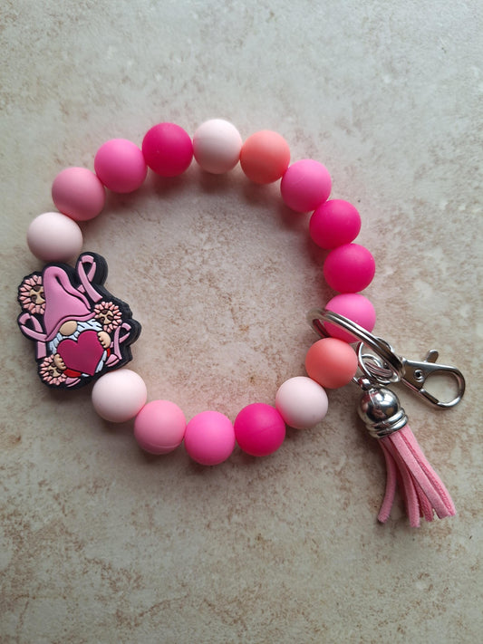 Silicone beaded wristlet keychain / breast cancer awareness ribbon silicone beaded wristlet keychain / gnome bag accessories key chain