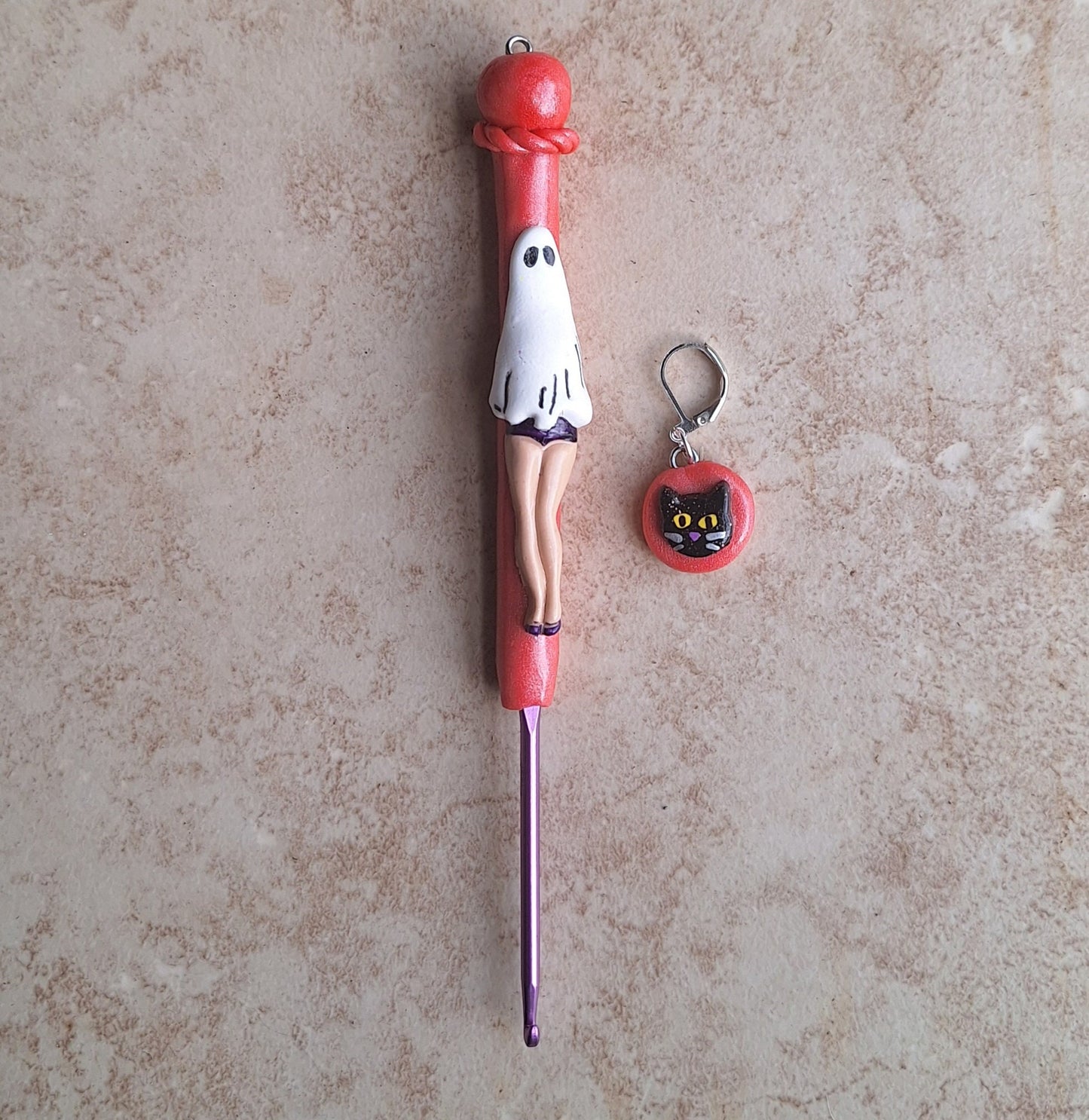 Polymer clay pin up sheet ghost babe Halloween holiday crochet hook
