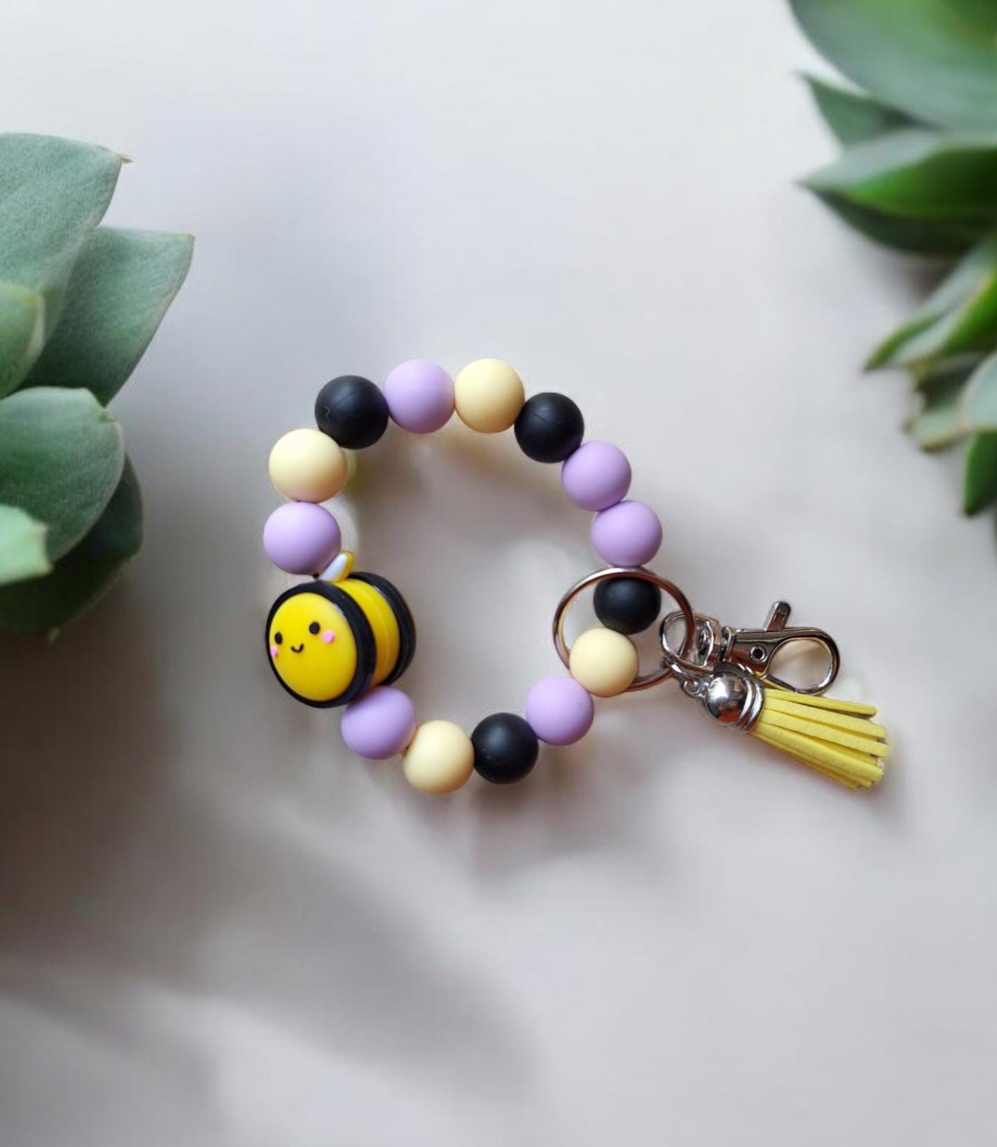Silicone beaded wristlet keychain / spring summer cute kawaii bee silicone beaded wristlet keychain / bumblebee bag accessories key chain