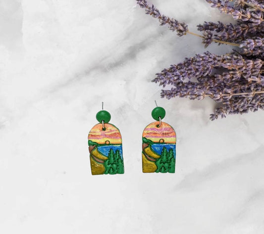 Kawaii landscape skyline earrings / polymer clay Indiana dunes dangle earrings / clay Indiana Dunes jewelry / landscape trees earrings