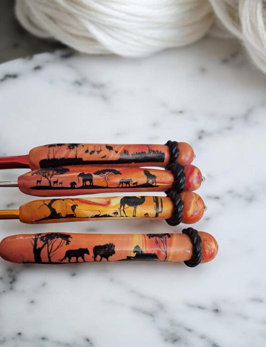 Polymer clay set of 4 animal silhouette sunset scene crochet hook stitch marker / 2-5mm lion elephant crochet hook set