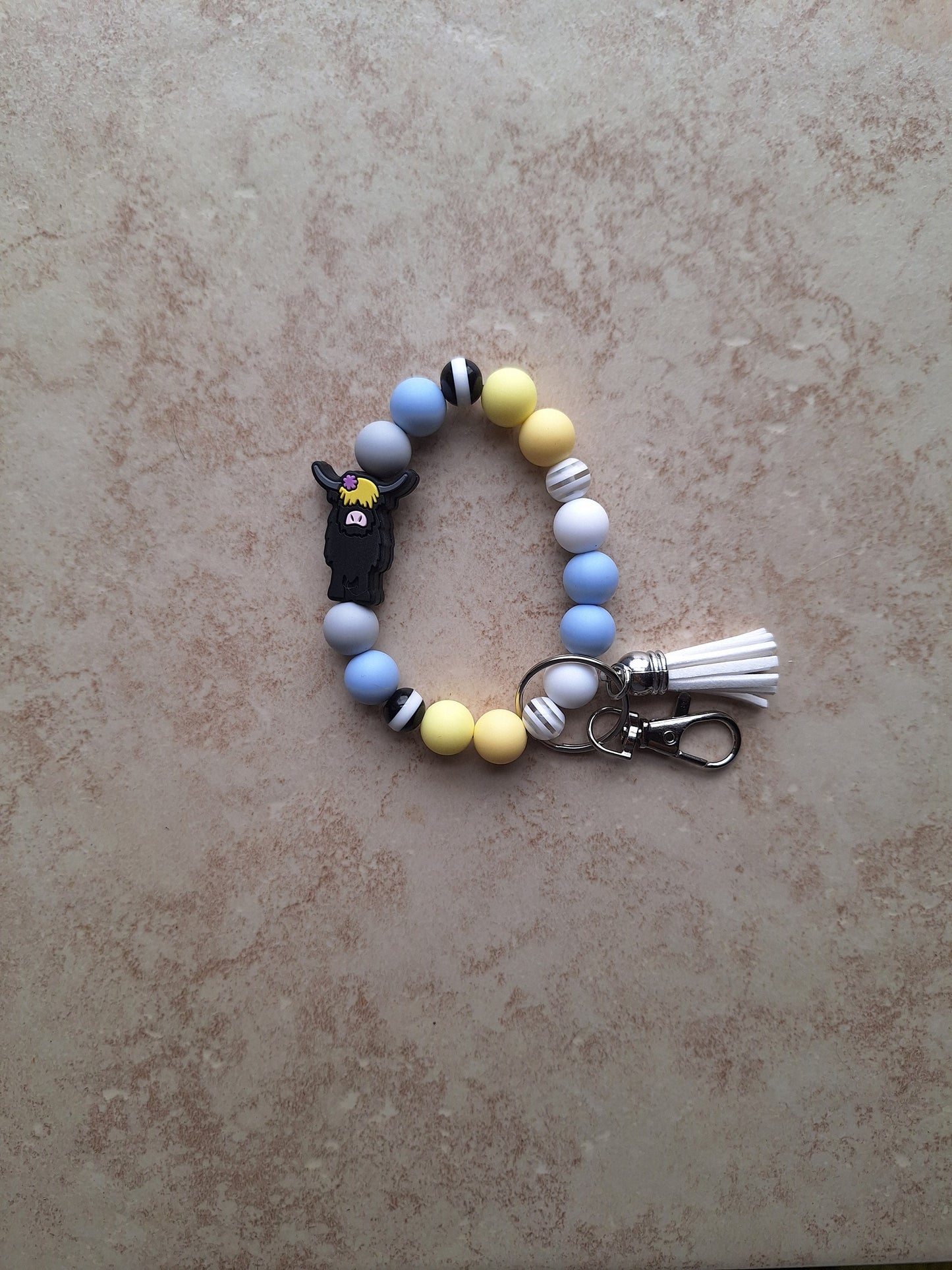 Silicone beaded wristlet keychain / tan brown highland cow silicone beaded wristlet keychain / floral cow bag accessory key chain gift