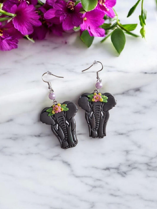 Kawaii floral elephant earrings / polymer clay elephant earrings / kawaii animal jewelry / floral earrings / safari jungle earrings