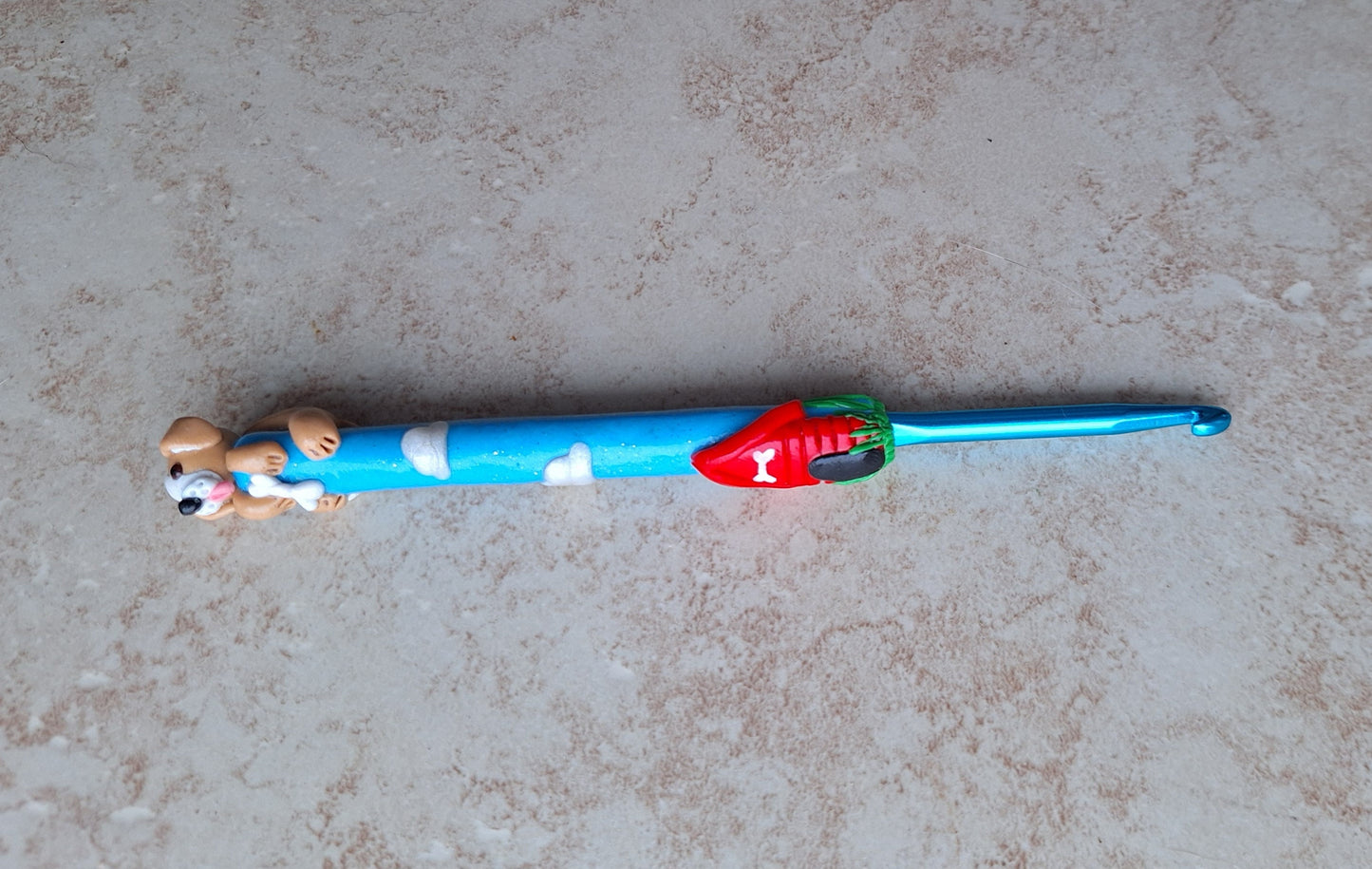 Polymer clay dog clouds red dog house crochet hook