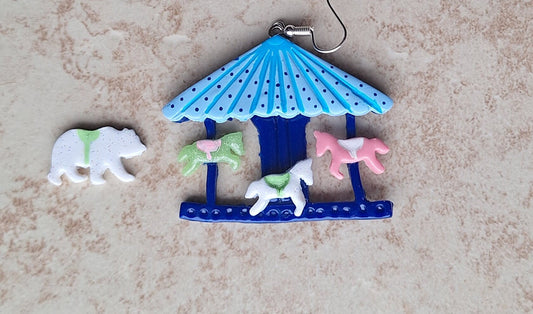 Kawaii bear horse carousel earrings / polymer clay dangle earrings / clay merry go round carousel jewelry / clay carnival fair earrings