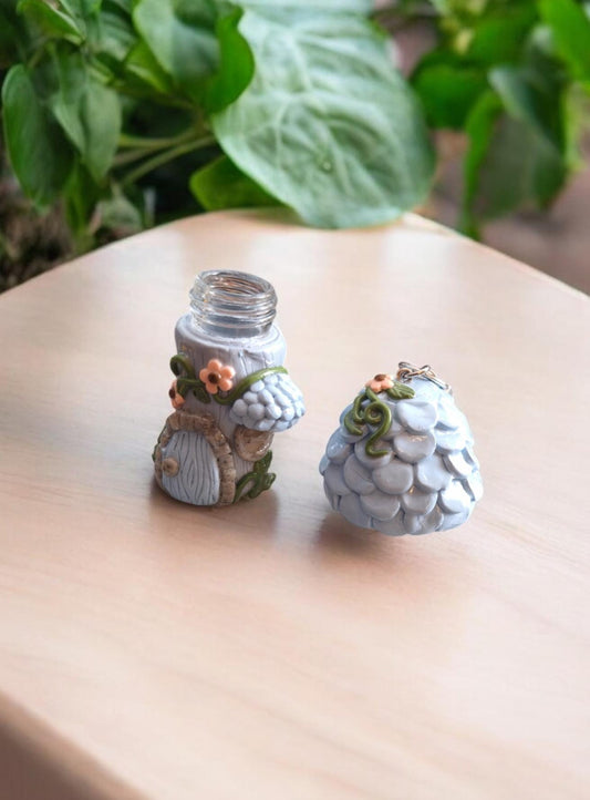 Polymer clay mushroom toadstool keychain jar / cottage core baby blue pink daisy clay mushroom keychain / functional keychain key chain gift