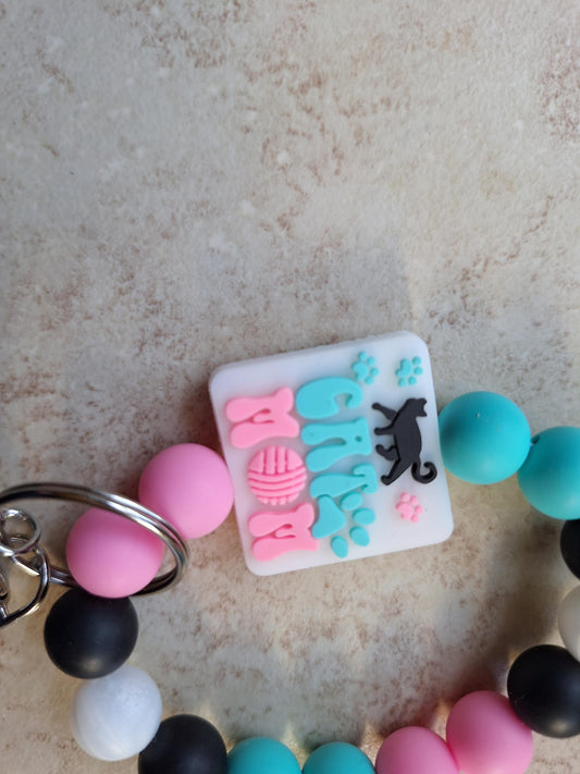 Silicone beaded wristlet keychain kawaii love cats cat mom silicone beaded wristlet keychain / bag accessories key chain