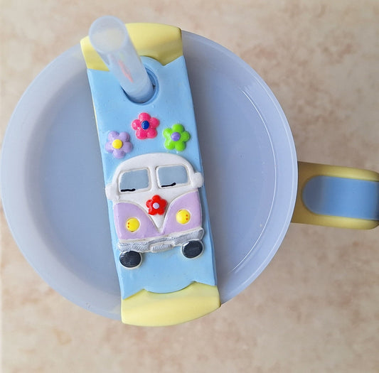 Polymer clay straw tag for stanley tumbler topper tumbler accessories / daisy van tumbler topper tag / peace hippie van tumbler accessories