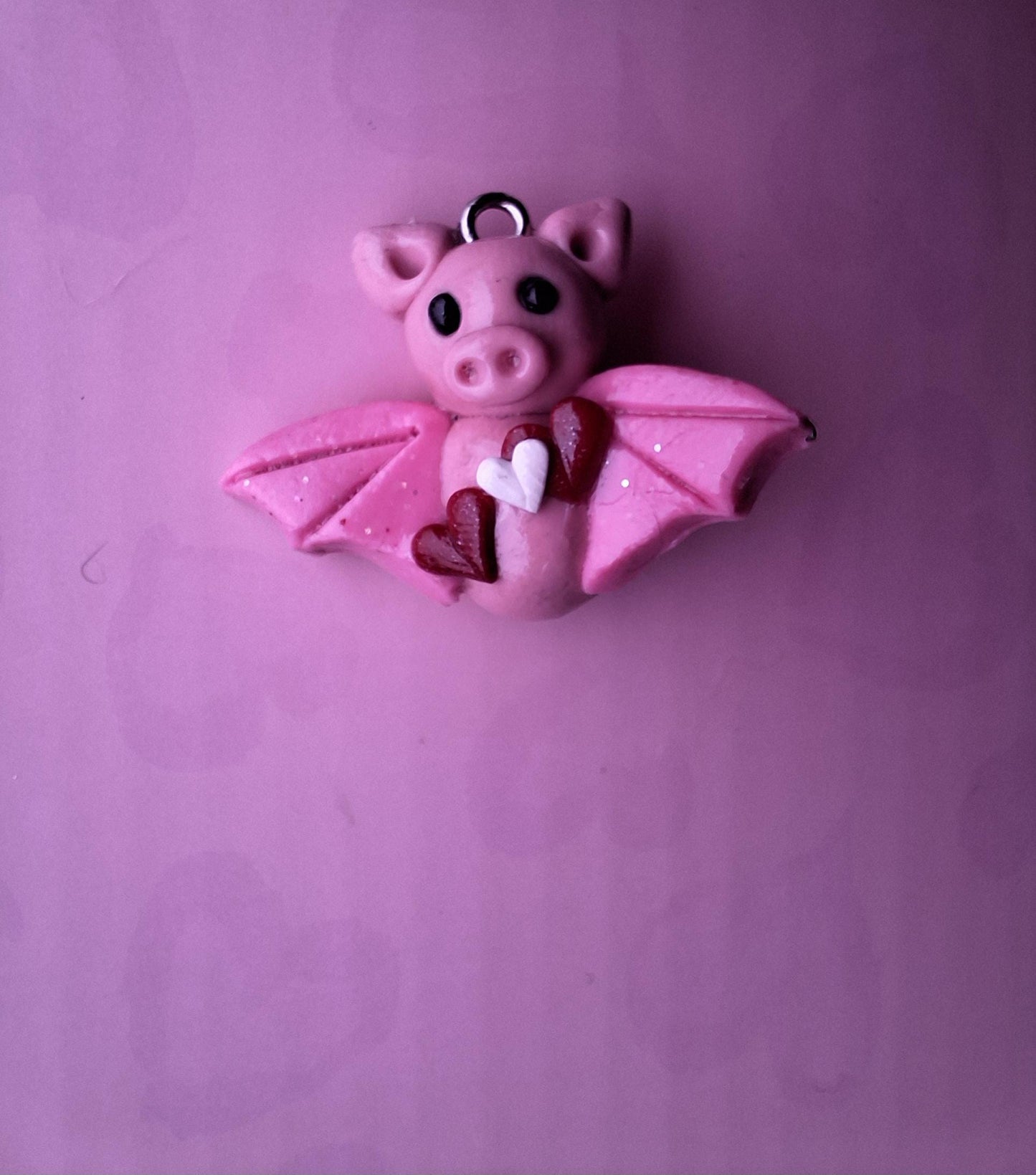 Kawaii clay pink heart bat charm / polymer clay holiday charms / clay charm jewelry / valentine bat charm stitch marker progress keeper