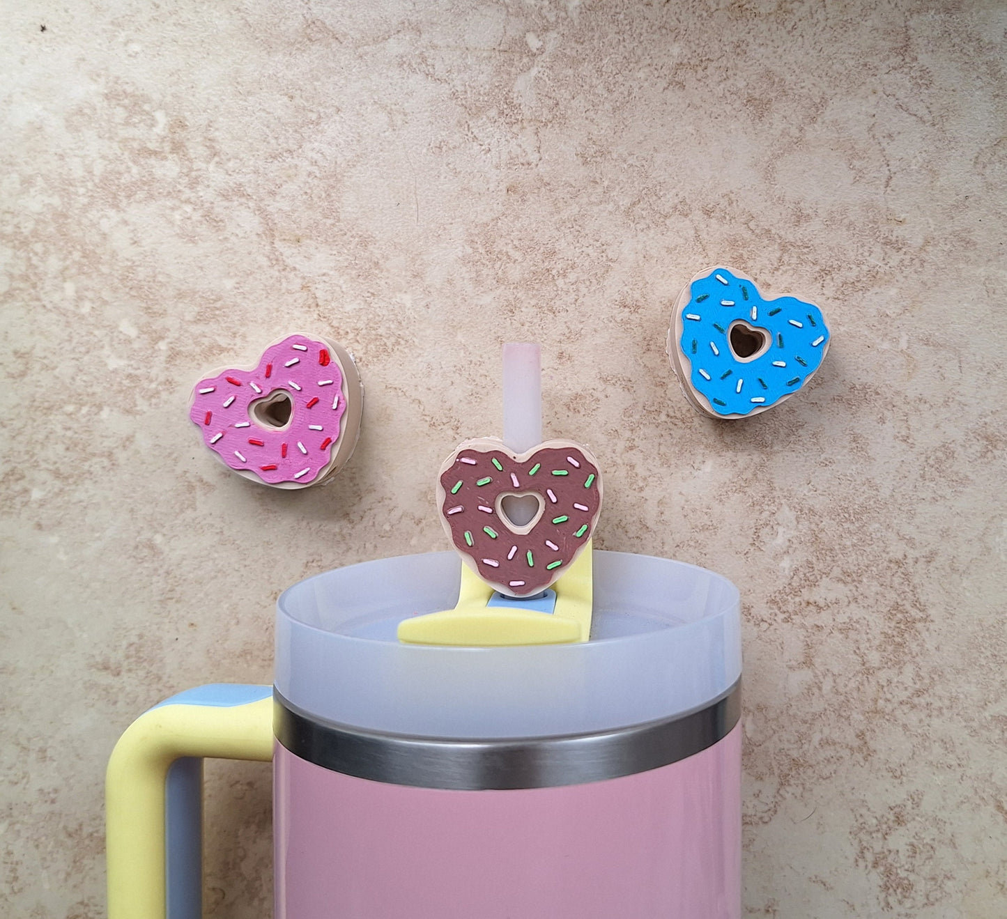 3D printed frosted heart donut straw buddy charm tumbler accessories / tumbler charm straw buddy / valentine holiday straw topper charm