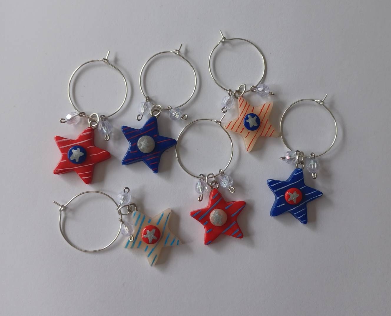 Set of 6 Red white blue star wine charms / 4th of July wine charms / patriotic wine charms / set of 6 polymer clay wine charms