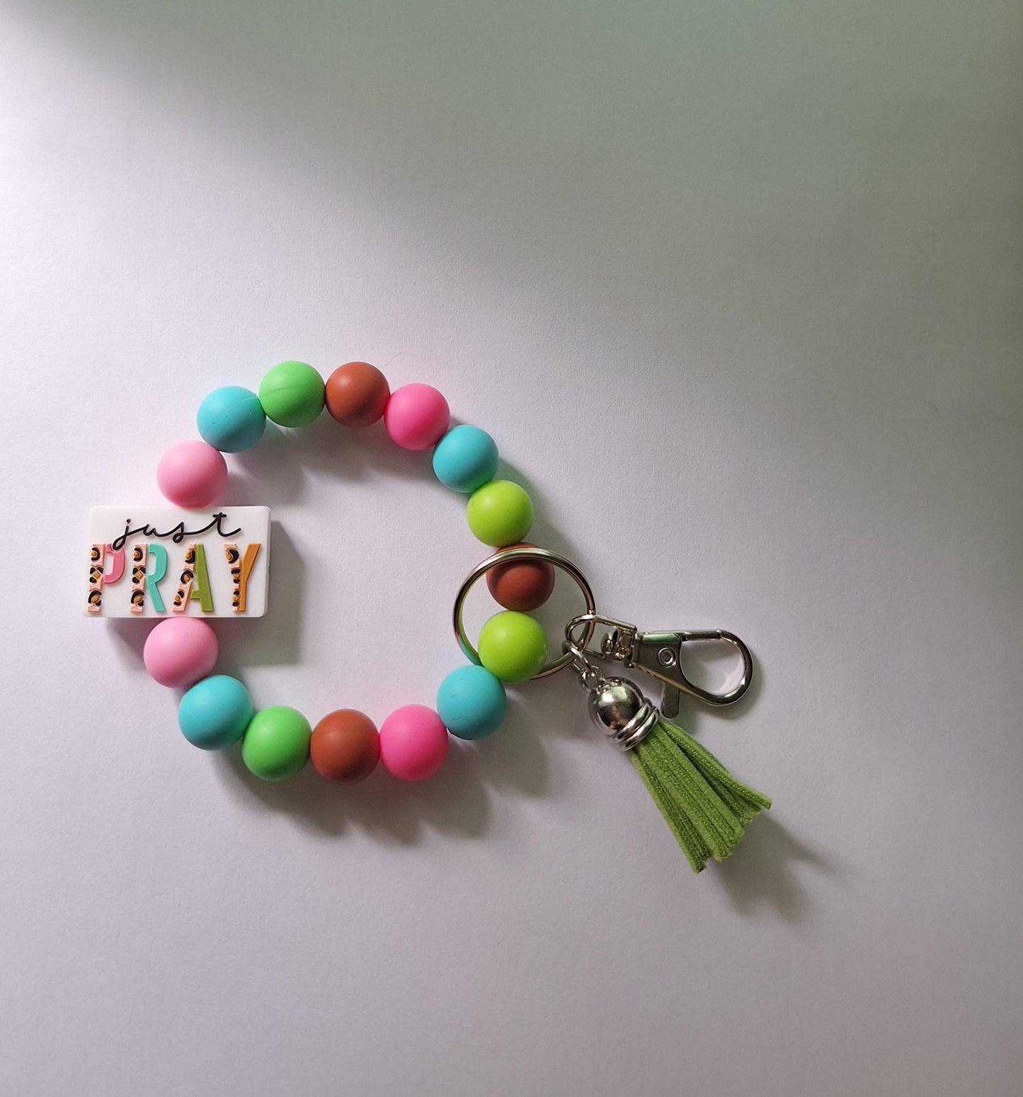 Silicone beaded wristlet keychain / leopard print just pray silicone beaded wristlet keychain / religious faith bag accessories key chain