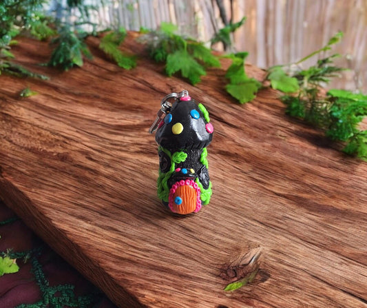 Polymer clay mushroom toadstool keychain jar / cottage core black and neon clay mushroom keychain / functional keychain / key chain gift