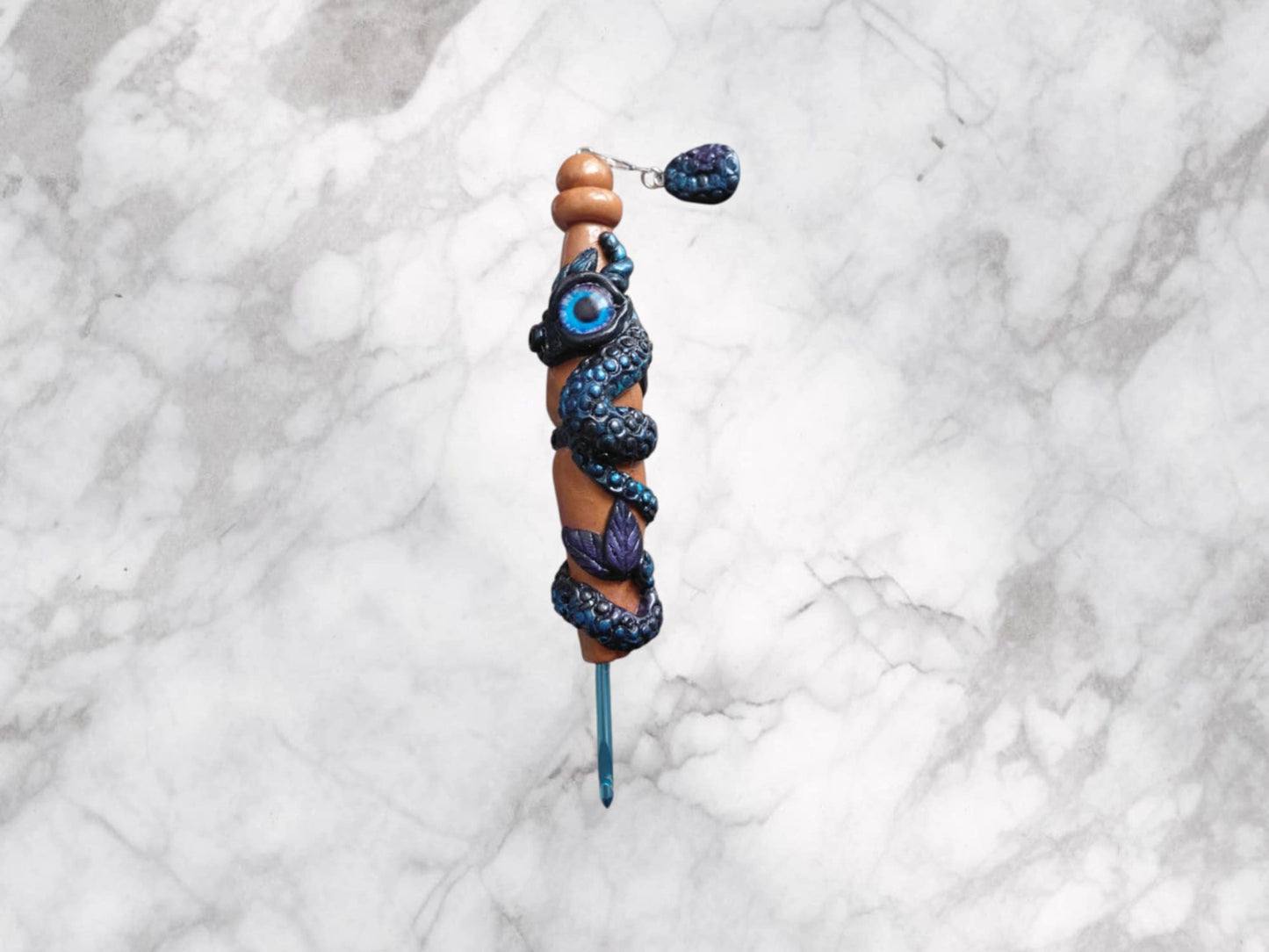 Handmade Polymer clay black blue purple dragon and egg crochet hook with stitch marker