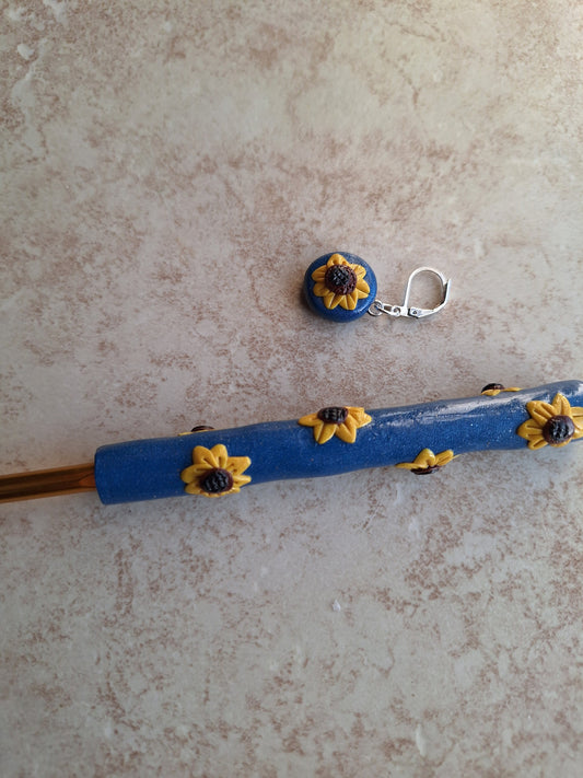 Polymer clay fall floral sunflower on blue crochet hook