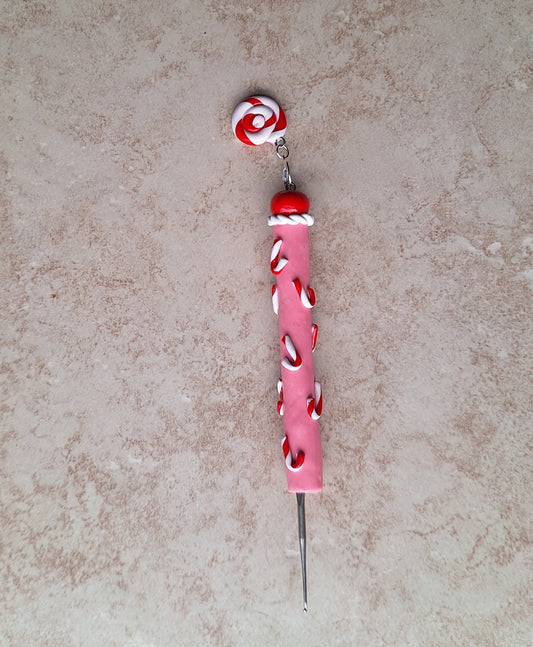 Polymer pink peppermint candy Christmas holiday crochet hook