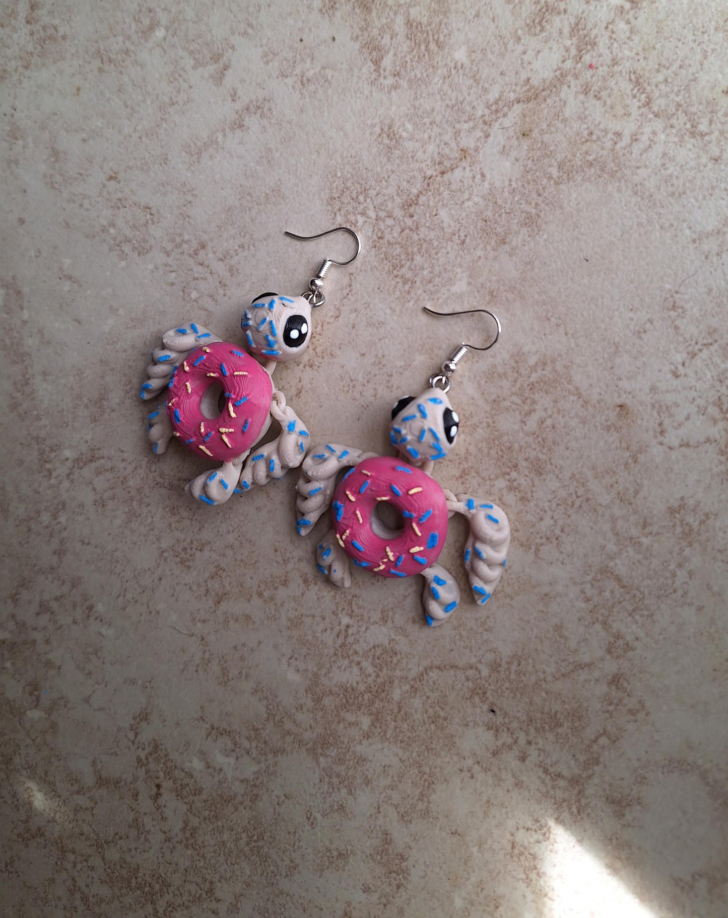 3D articulated pink frosted donut turtle earrings jewelry charm / 3d printed turtle animal donut turtle dangle earrings Fidget