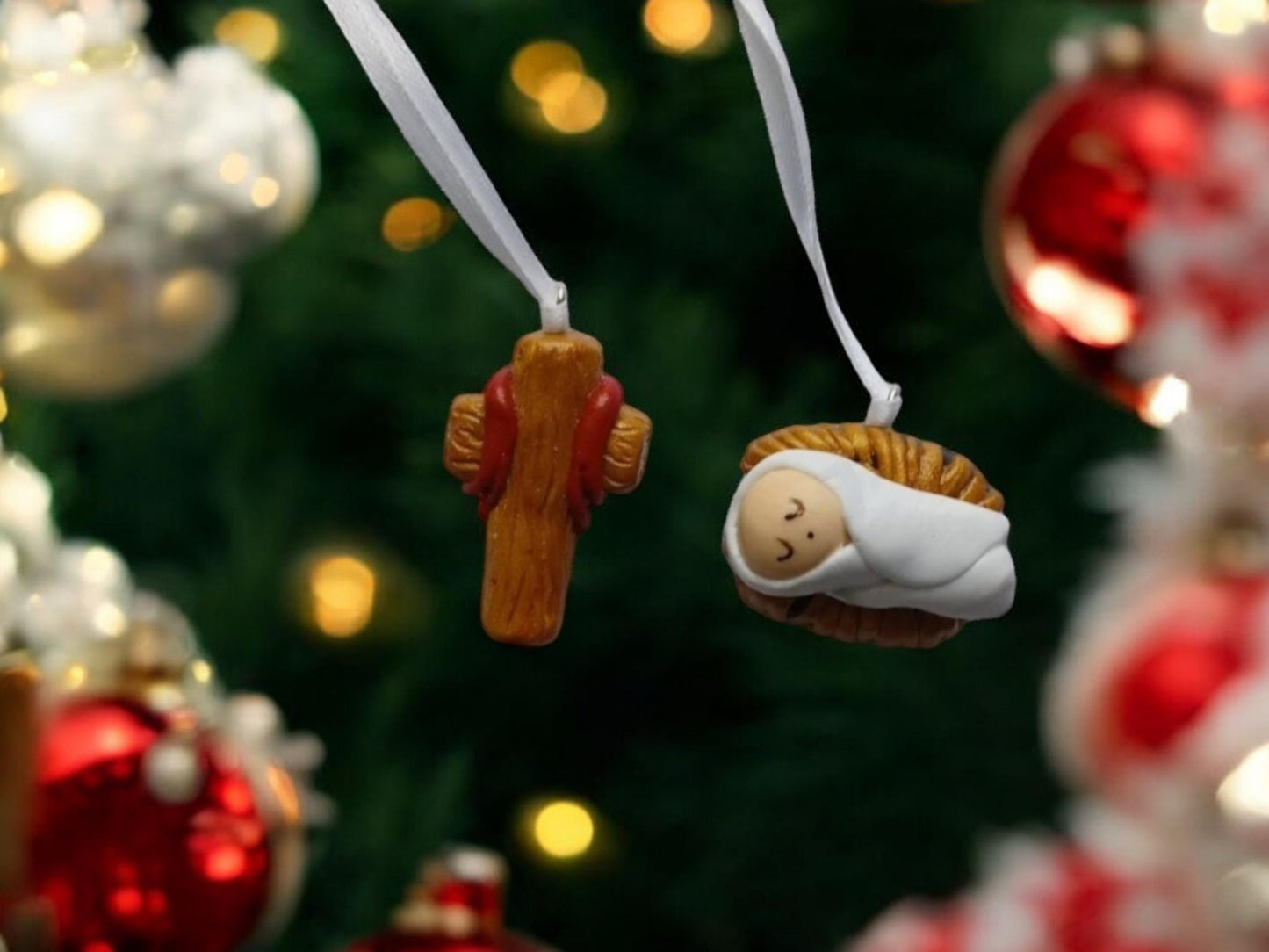 Baby Jesus ornament / cross ornament / religious ornament / polymer clay christmas ornament / Manger ornament / nativity ornament set of 2