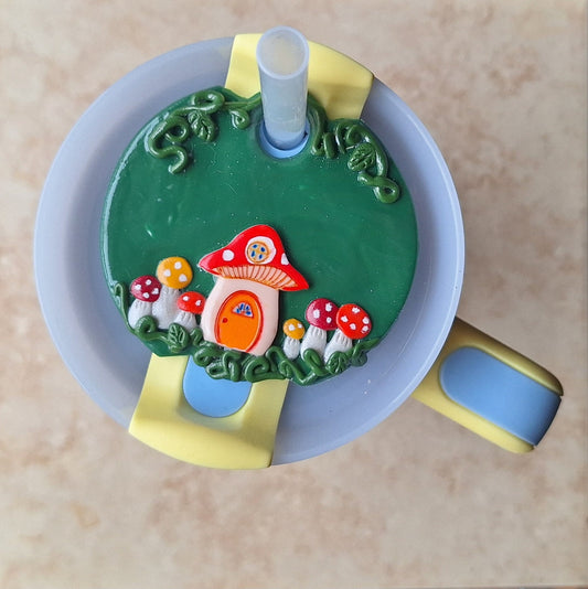 Polymer clay straw tag for stanley tumbler topper / clay tumbler mushroom tumbler topper tag / toadstool cottage core tumbler accessories