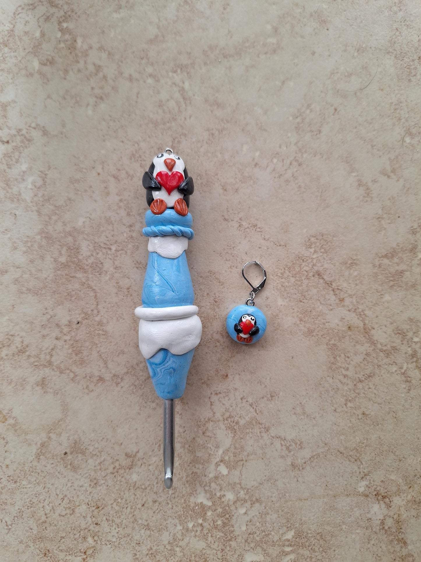 Polymer clay icy heart penguin crochet hook with stitch marker