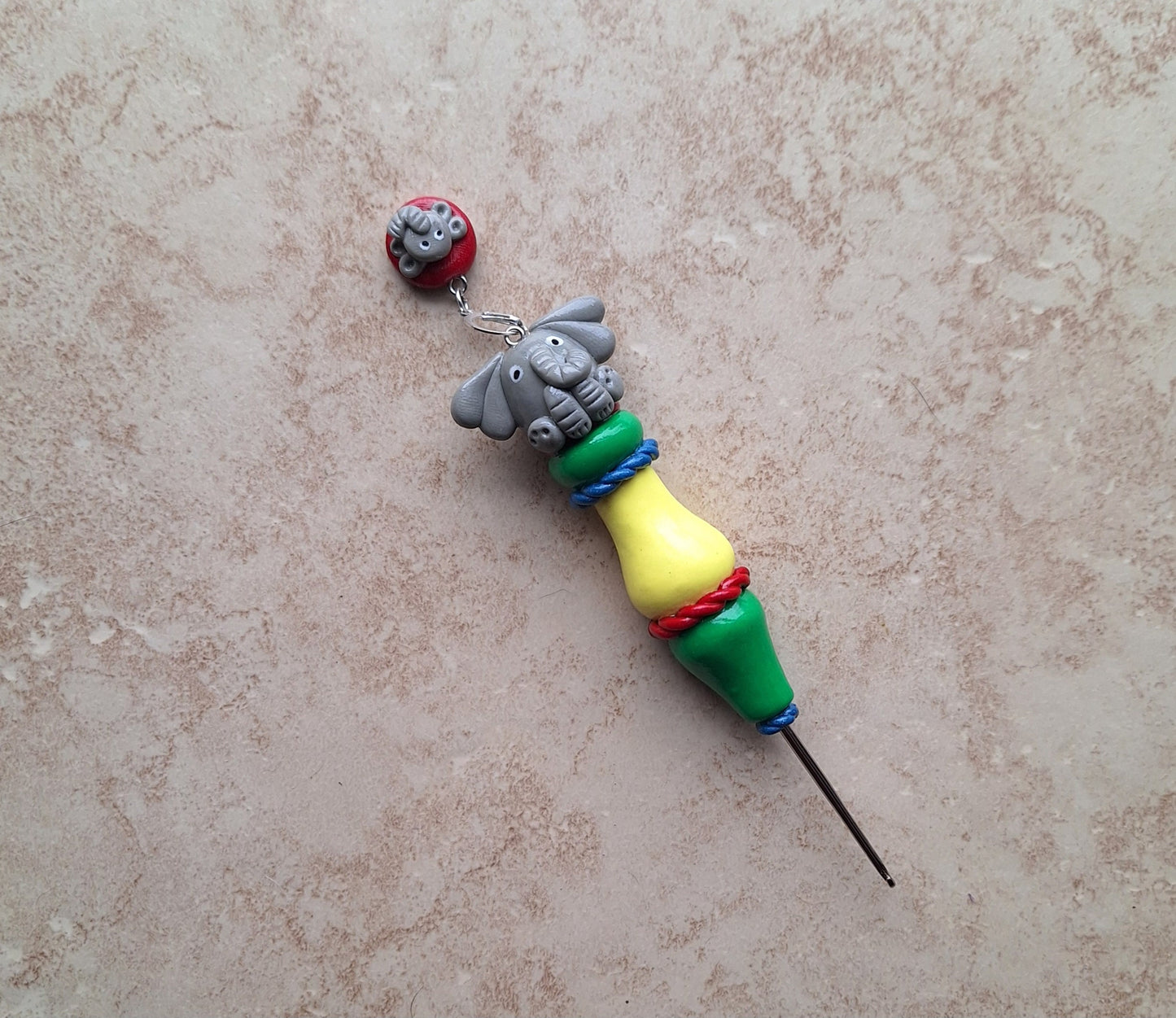 Polymer clay cute circus elephant color block crochet hook with stitch marker