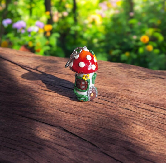 Polymer clay mushroom toadstool keychain jar / cottage core red orange clay mushroom keychain / functional keychain / key chain gift