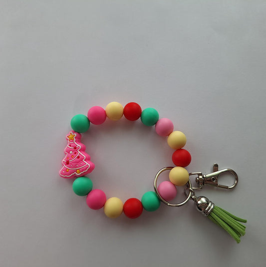 Silicone beaded wristlet keychain winter christmas beaded wristlet tree keychain / Christmas tree pink green bag accessories key chain gift