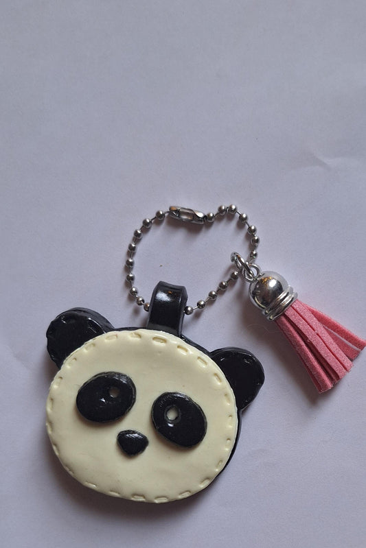 Polymer clay panda bear faux leather look stitch style keychain / cute clay black white panda bag accessories key chain