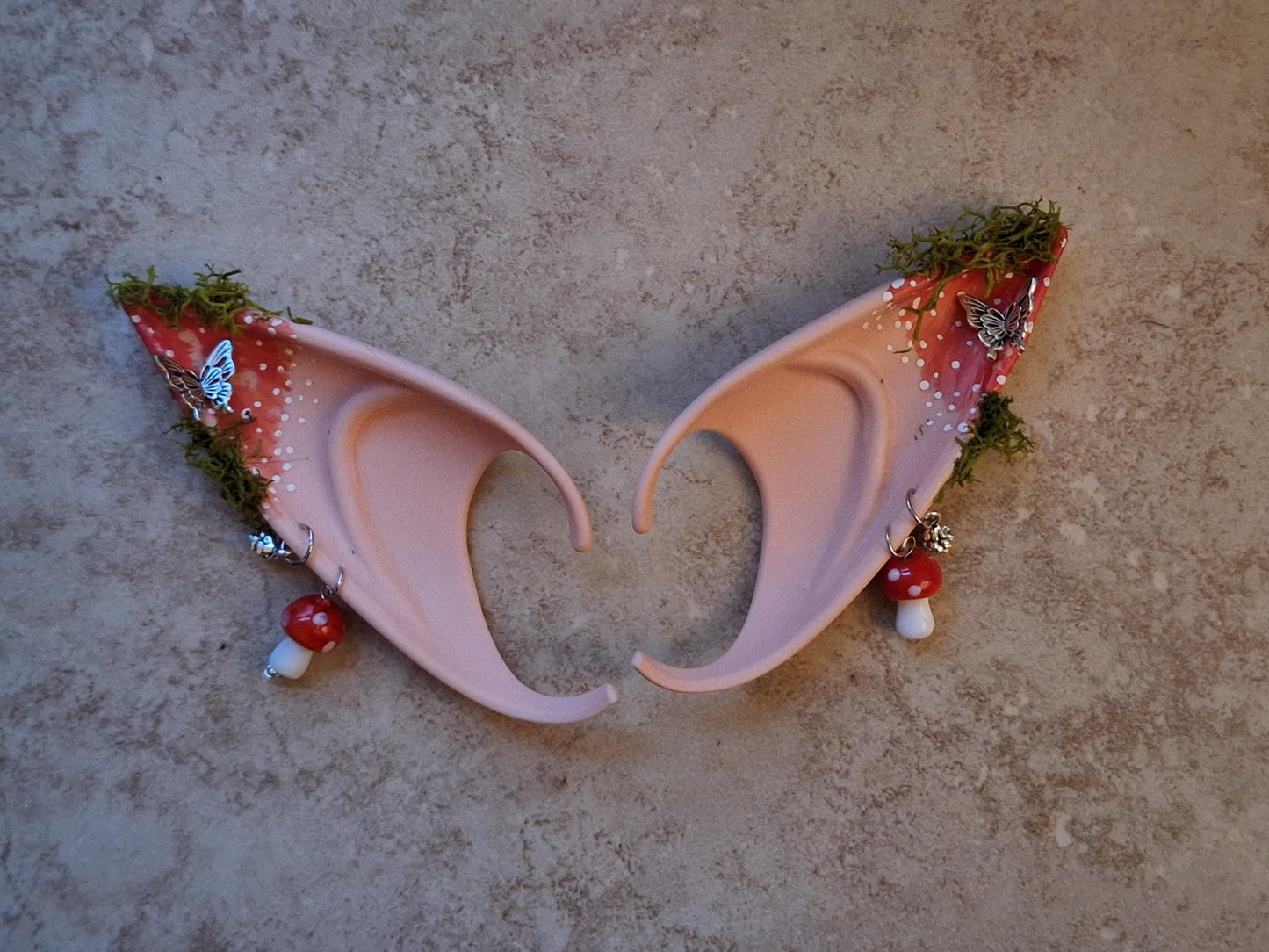 red orange toadstool rubber fairy pixie elf ears / halloween costume accessory cosplay elf ears / painted elf ears with earrings