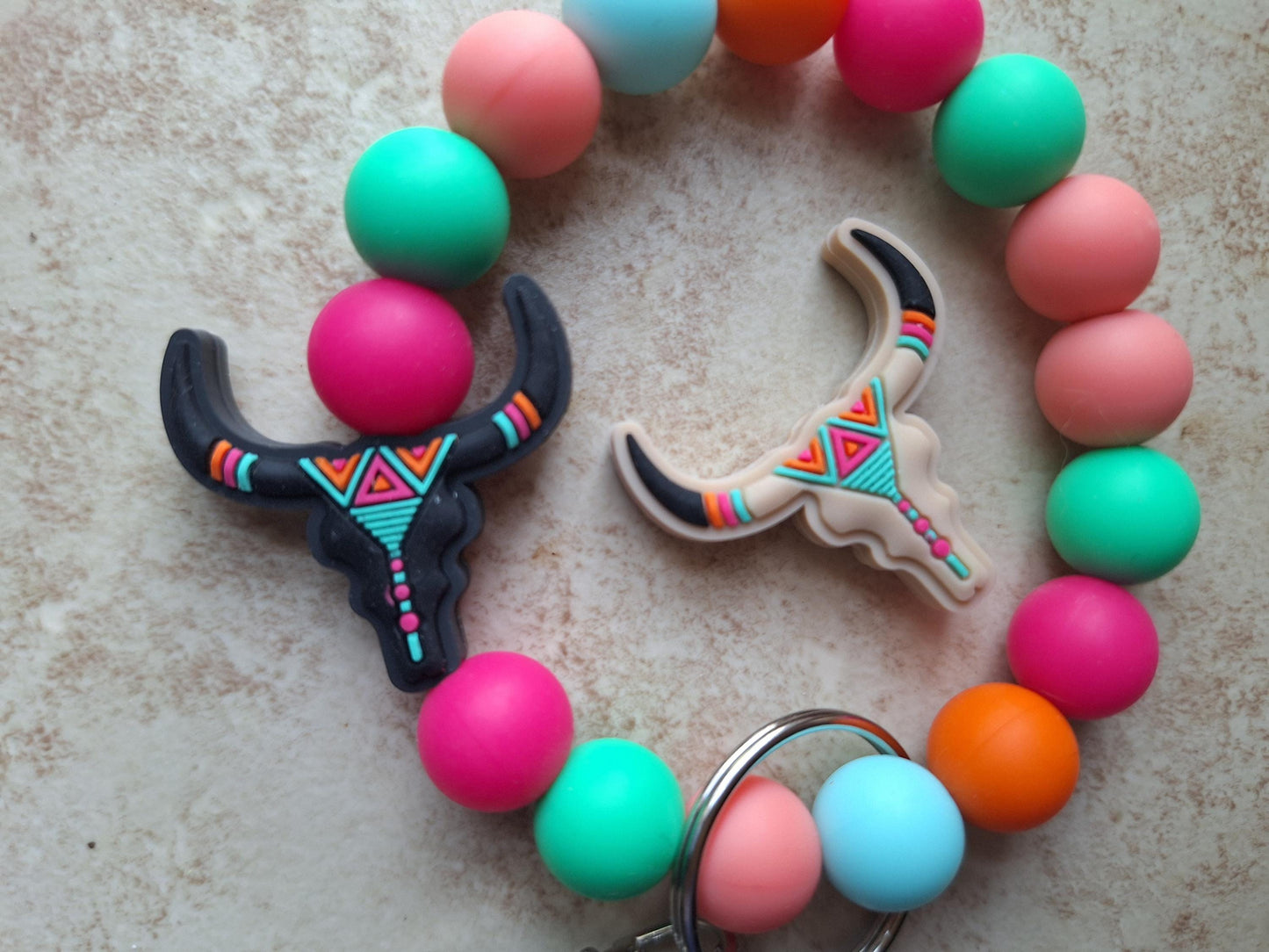 Silicone beaded wristlet keychain / colorful Aztec skull silicone beaded wristlet keychain / teal pink western bag accessory key chain gift