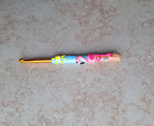 Polymer clay pink flamingo sunshine beach crochet hook
