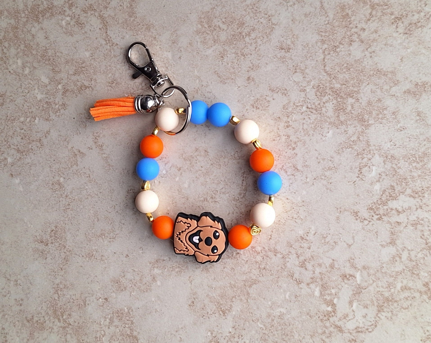 Silicone beaded wristlet keychain / tan brown puppy dog silicone beaded wristlet keychain / golden retriever bag accessory key chain gift