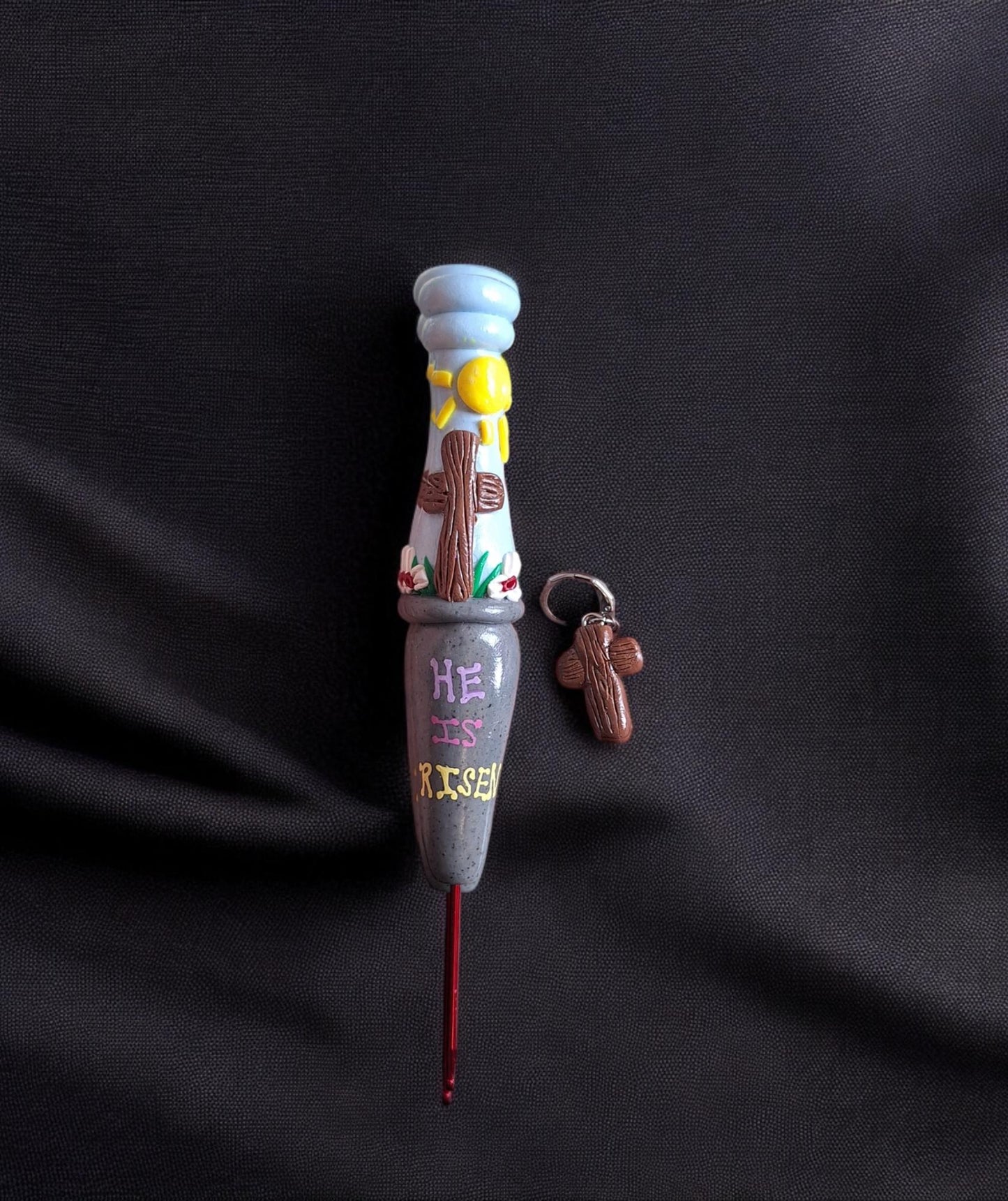 Polymer clay He is risen inspirational faith crochet hook with stitch marker