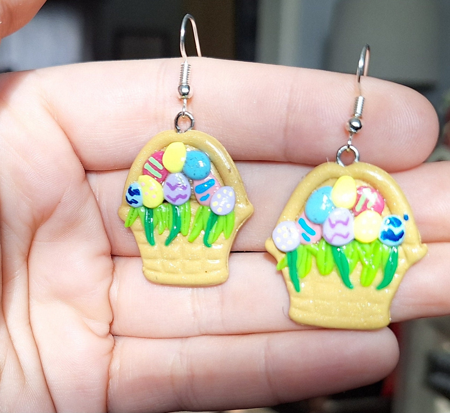 Kawaii clay easter egg basket earrings / polymer clay spring summer dangle stud earrings / clay easter earrings jewelry easter grass