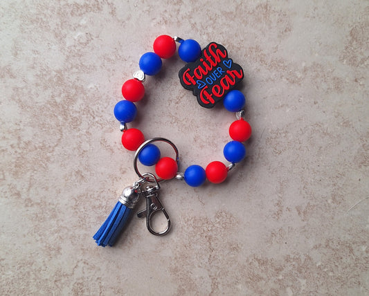 Silicone beaded wristlet keychain / faith over fear silicone beaded wristlet keychain / religious faith bag accessories key chain red blue