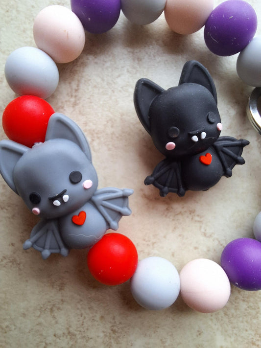 Silicone beaded wristlet gray black bat with heart / cute bat silicone beaded wristlet keychain / kawaii bat bag accessories key chain gift