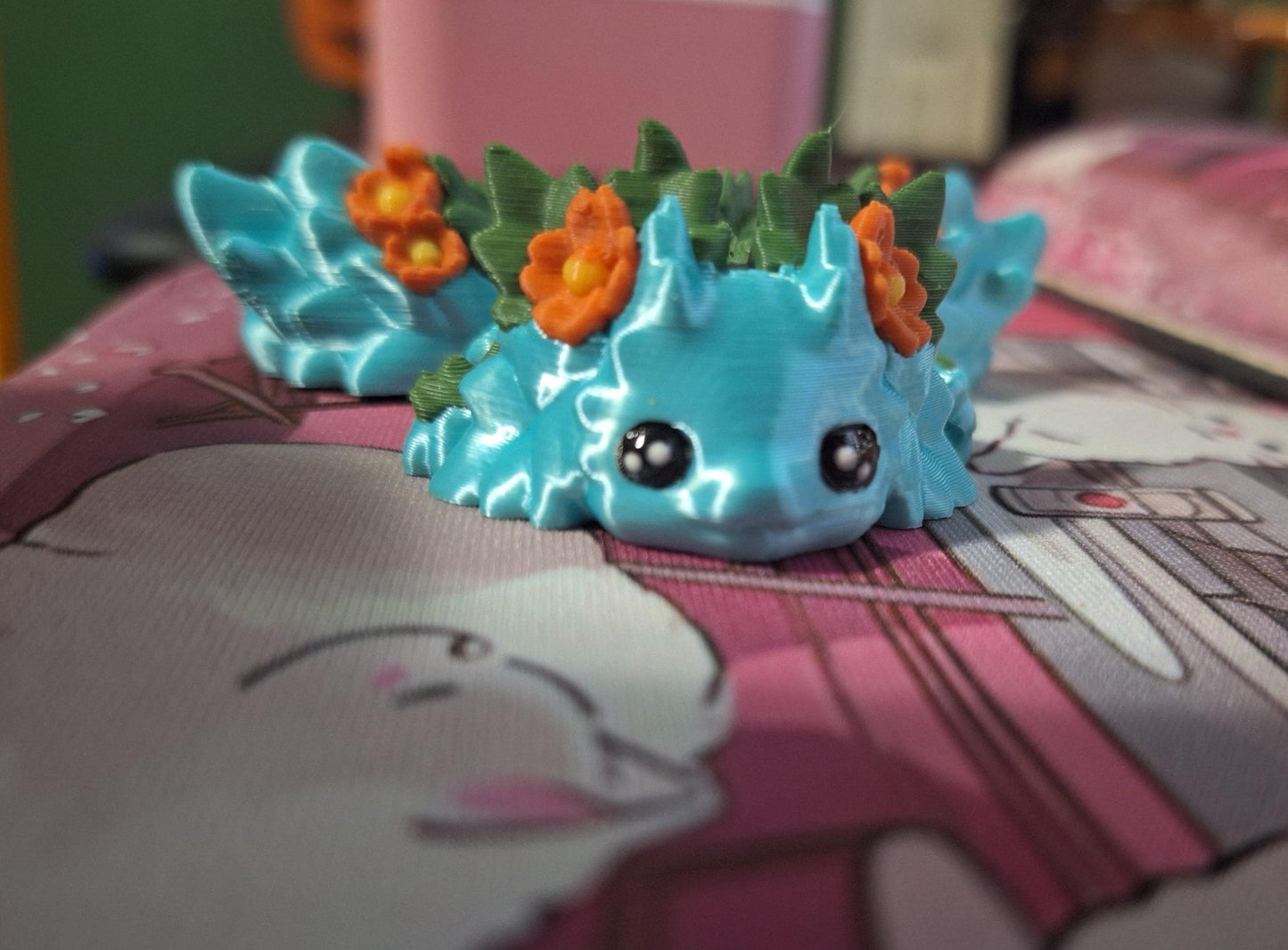 3D articulated floral axolotl dragon kosha / dragon straw cap / axolotl straw topper cover / 3d printed tumbler accessories
