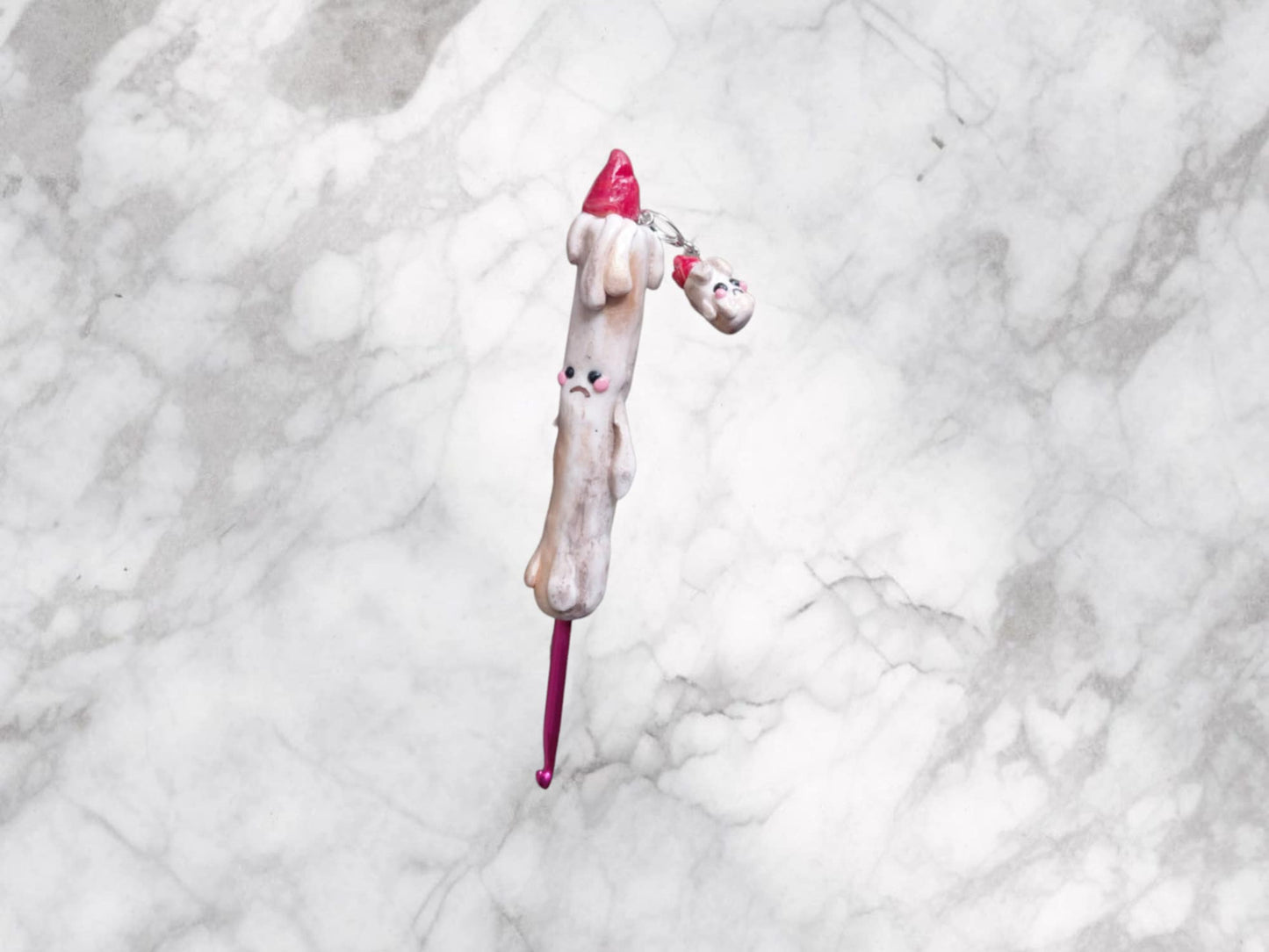 Polymer clay "melting" cute candle with face crochet hook handmade