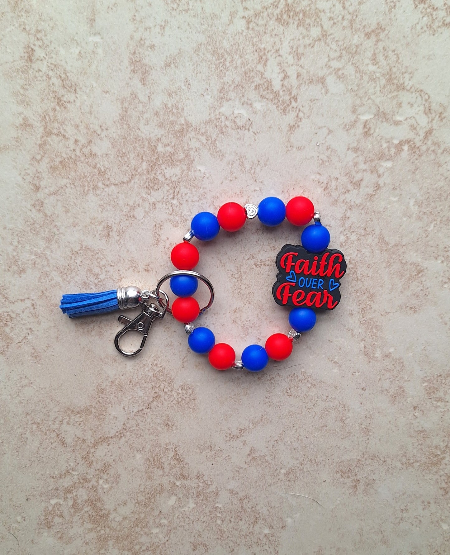 Silicone beaded wristlet keychain / faith over fear silicone beaded wristlet keychain / religious faith bag accessories key chain red blue