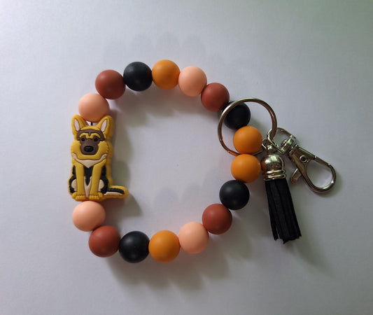 Silicone beaded german shepherd dog wristlet keychain / hand beaded puppy dog wristlet keychain