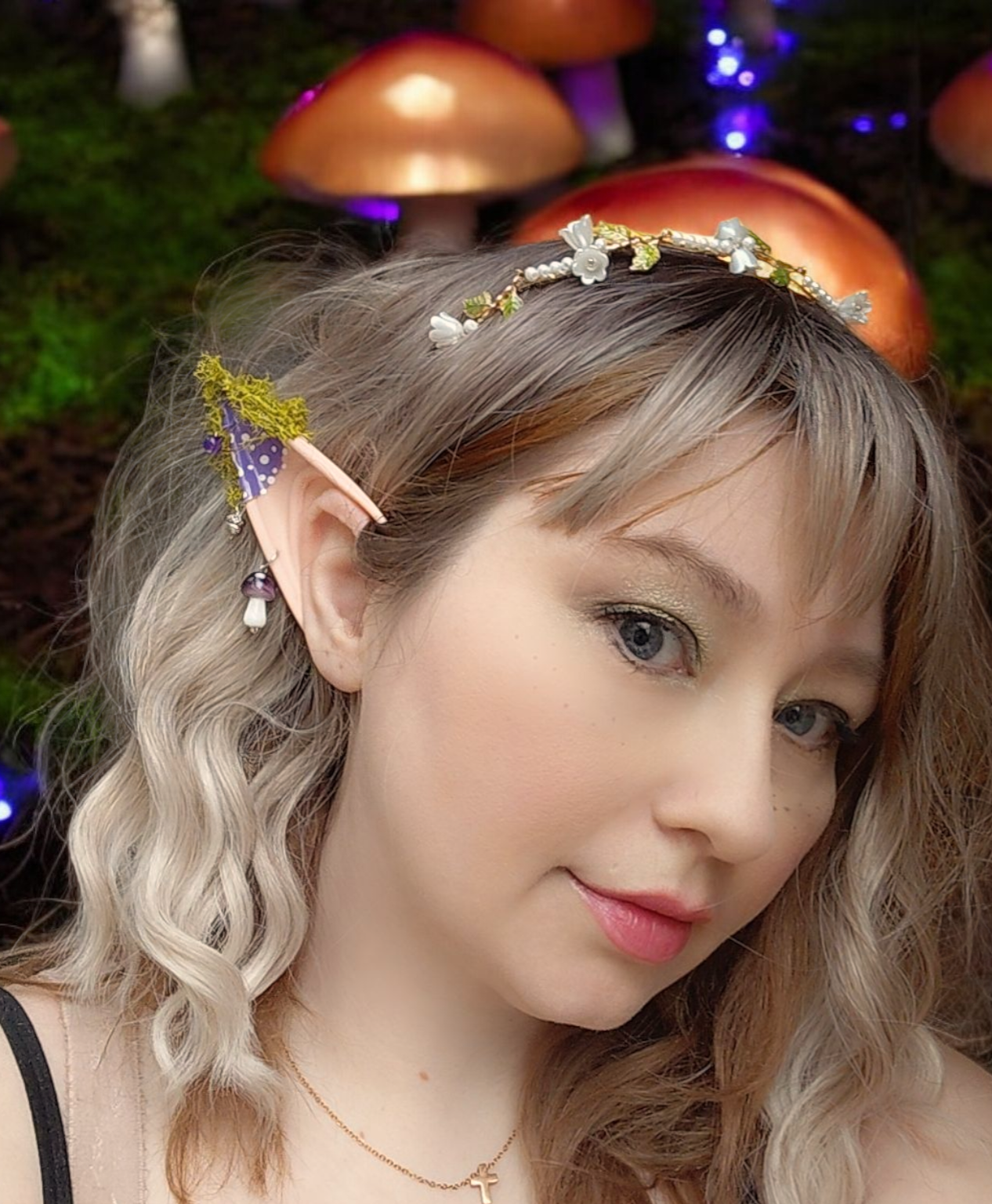 Purple toadstool rubber fairy pixie elf ears / halloween costume accessory cosplay elf ears / painted elf ears with earrings