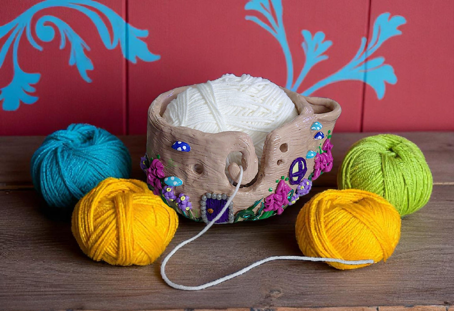 Handmade clay mushroom toadstool forest yarn bowl / fairy garden house whimsical yarn bowl crochet knitting accessories tools